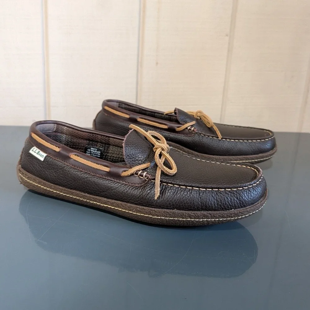 L. L Bean Men's Handsewn Slippers  Flannel-Lined Brown Leather Size 10